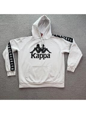 Kappa White Logo Hoodie Mens Large Tape Sleeve Streetwear Pullover Sweatshirt